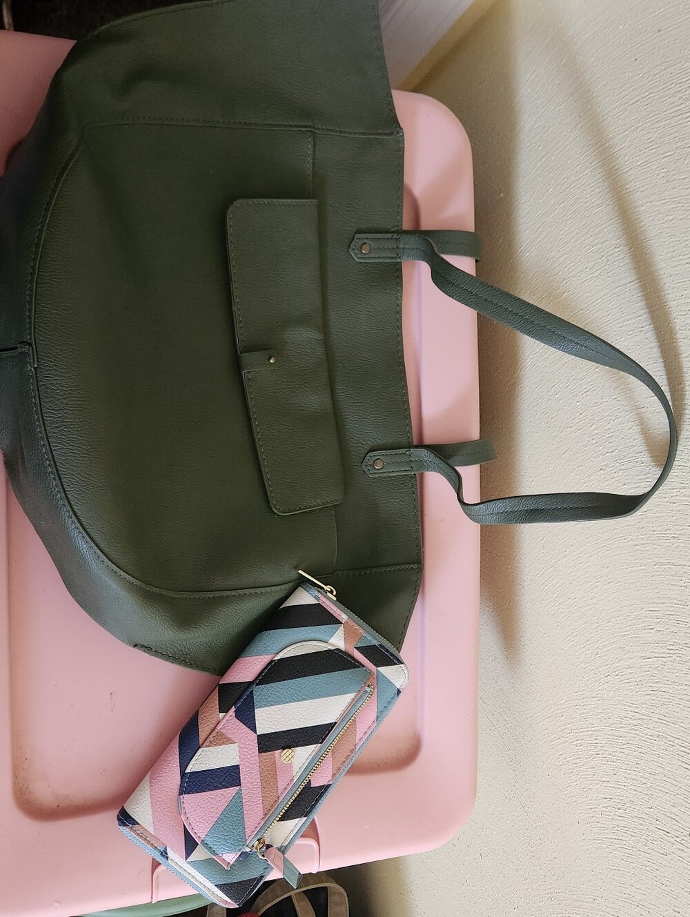Target Olive Green Tote with Multicolor Geometric Zip Wallet